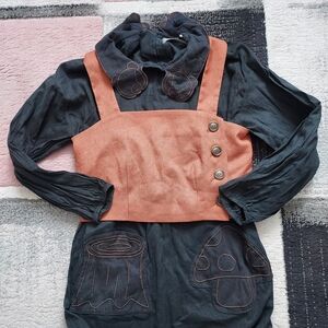 Japan brand Black and Brown bear mushroom Dress with Button top set rare